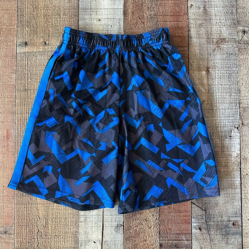 Boys Activewear Shorts 10/12 Blue & Black Geometric Pattern Elastic Waist